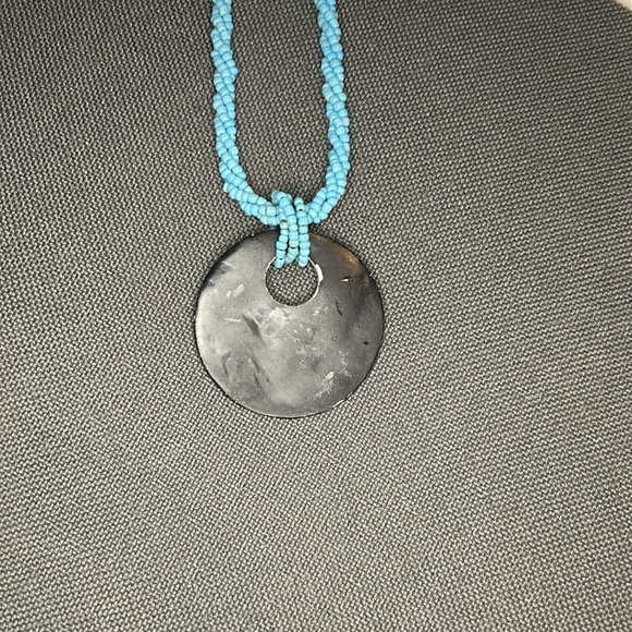 Turquoise Beaded Necklace with Shell Mosaic Pendant - Picture 5 of 6